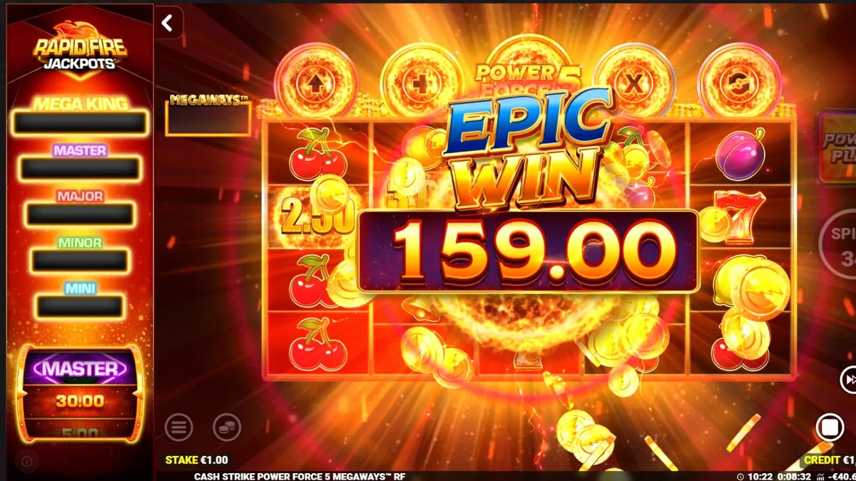 Interface do slot Cash Strike Power Force 5 Megaways com símbolos clássicos e medidores de bônus.