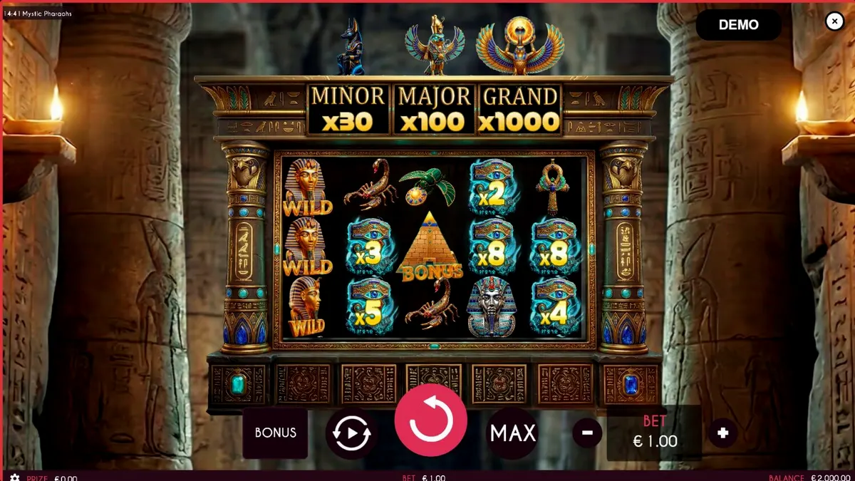 Interface do jogo de slot Mystic Pharaoh com símbolos egípcios e rolos brilhantes