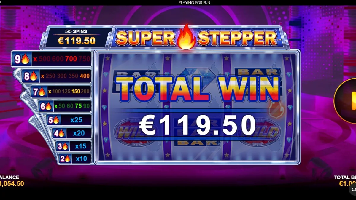 Interface neon roxa do slot Super Stepper com elementos cyberpunk